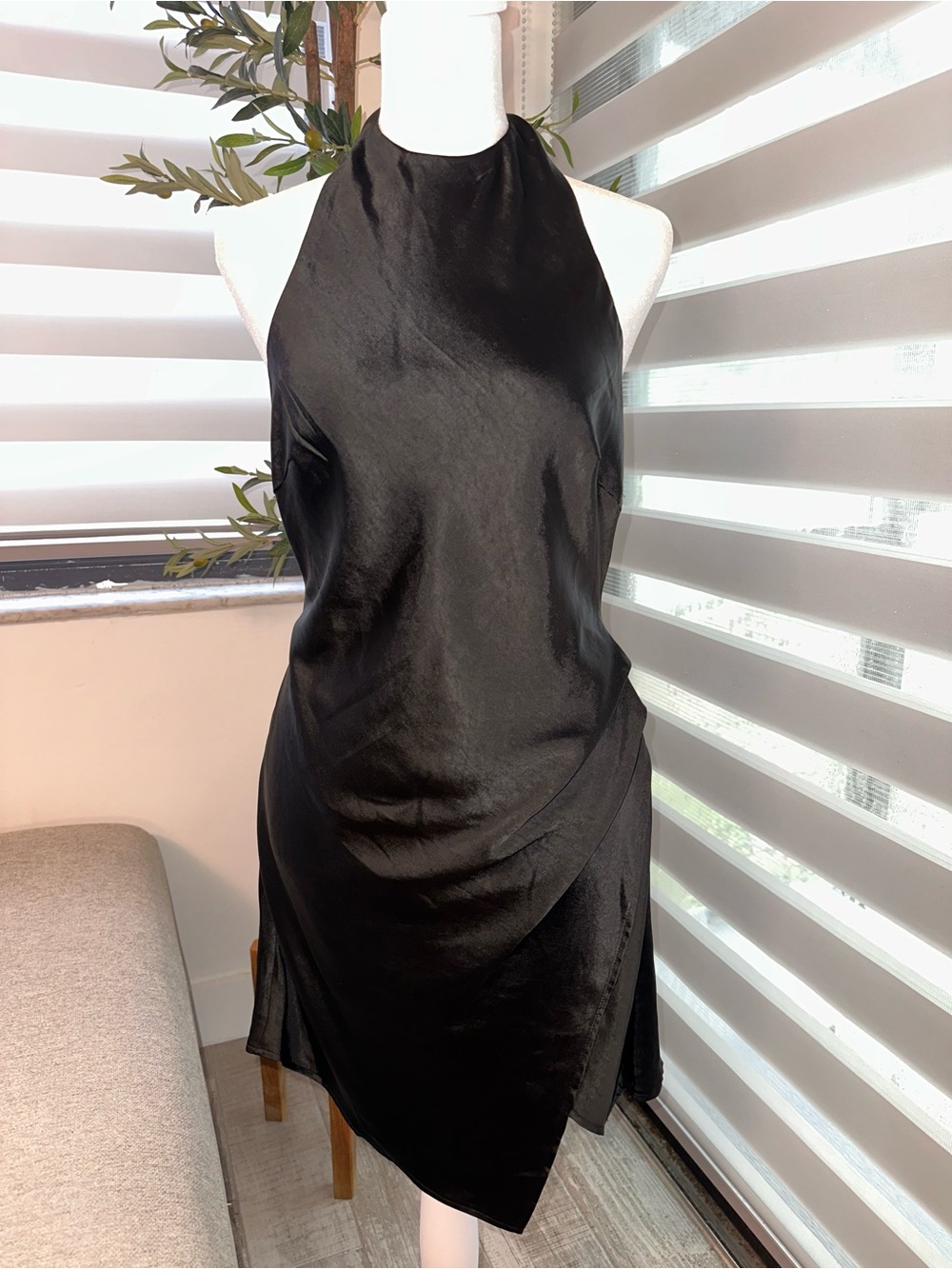NWT Saints & Secrets Black Satin Halter Wrap Mini Dress - Size M